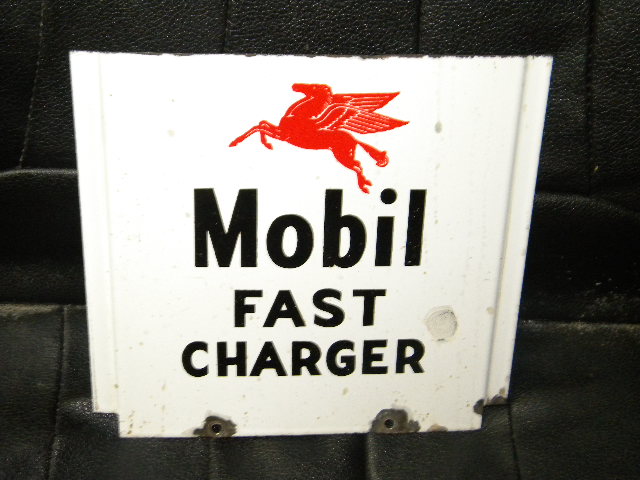 $OLD Single Sided Porcelain Mobil Battery Charger Sign w/ Pegasus