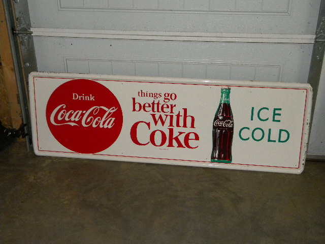 $OLD Coca Cola Tin Sign w/ bottle & Disc