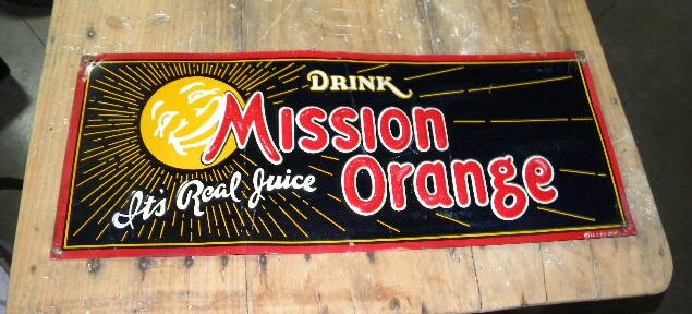 $OLD Mission Orange Soda Pop Early Embossed Tin Sign