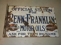 $OLD Old Penn Franklin Double Sided Porcelain Motor Oil Station Flange Sign