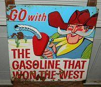 $OLD Phillips 66 Gasoline that won the west tin Sign w/ Cowboy