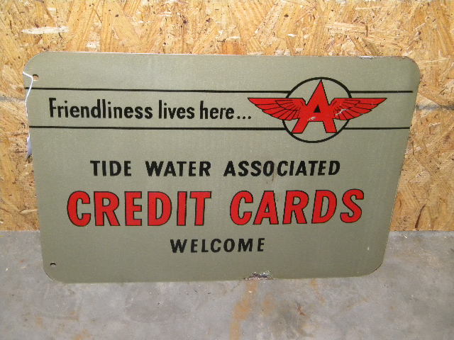 $OLD Flying A Tidewater DBL Sided Tin Credit Cards Sign