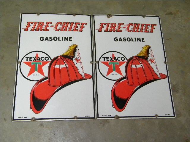 $OLD Pair Original Texaco FireChief Porcelain Pump Signs 1947