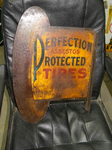 $OLD Perfection Protected Tires Early DST Tin Litho Flange Sign w/ Cord Tire