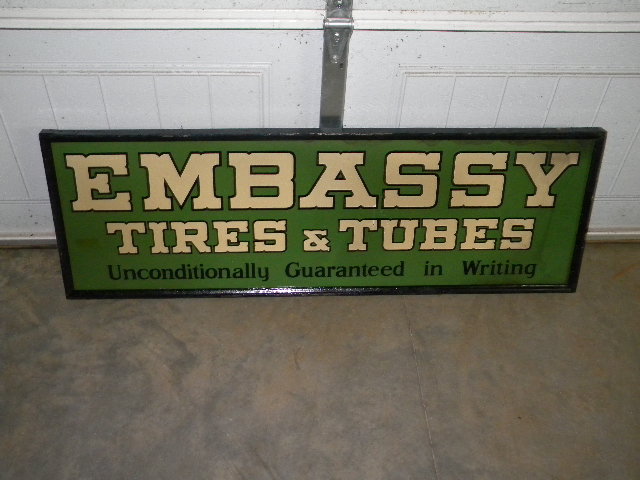 $OLD Embassy Tires & Tubes Tin Sign w/ Wooden Frame