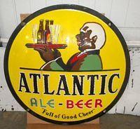 $OLD Atlanic Beer Porcelain Convex Button Sign w/ Black Waiter Beer Graphics