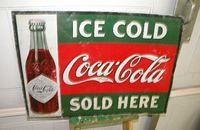 $OLD Early 1900s Ice Cold Coca Cola Tin Sign w/ Straight Sided Bottle