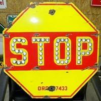 $OLD Early Porcelain Stop Sign w/ Cat Eyes Yellow & Red