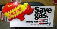 $OLD Champion Spark Plugs NOS Save Gas Embossed Plastic Sign w/ Pig Graphics