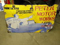 $OLD Peters Motor Works UK Porcelain Sign w/ Auto Graphics